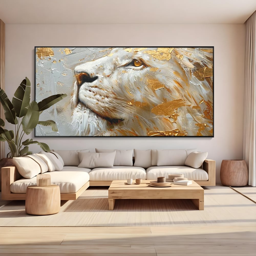 Tablou canvas cu pictura cu profil de leu alb si auriu, in rama de aluminiu negru, pe perete intr-un living